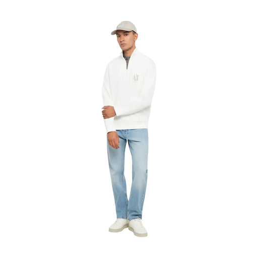 Armani Exchange men white cotton half-zip sweatshirt with subtle gray logo on chest and turtleneck collar