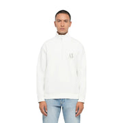 Armani Exchange Weißes Herren-Sweatshirt aus Baumwolle mit halbem Reißverschluss, dezentem, gesticktem Logo auf der Brust und Rollkragen.