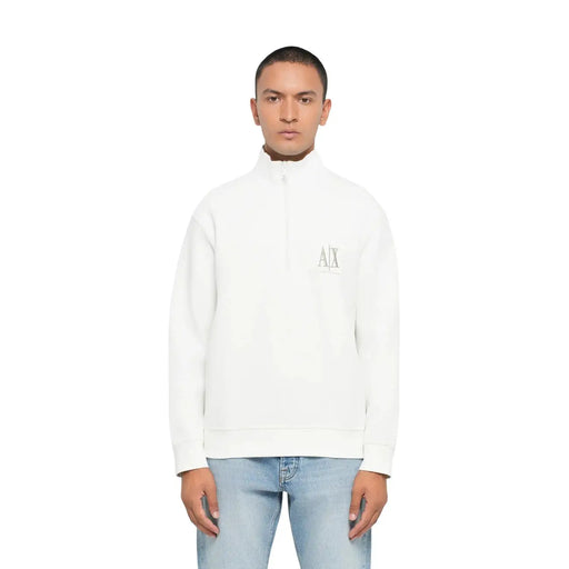 Armani Exchange men white half-zip cotton sweatshirt with a subtle embroidered chest logo and turtleneck design