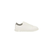 Armani Exchange men white textile low-top sneaker with black and white patterned heel tab shown from the back side