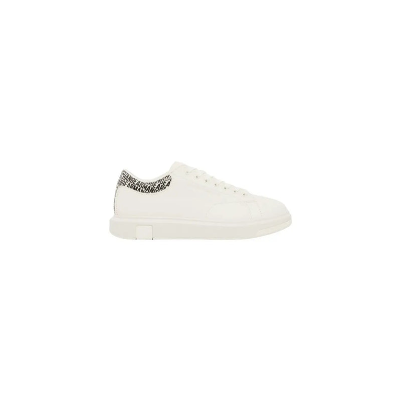 Armani Exchange men white textile low-top sneaker with black and white patterned heel tab shown from the back side