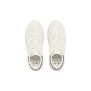 Armani Exchange men white textile low-top sneakers with a clean minimalist design and subtle heel branding shown from back