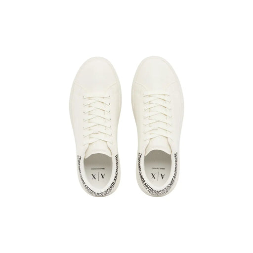 Armani Exchange men white textile low-top sneakers with a clean minimalist design and subtle heel branding shown from back