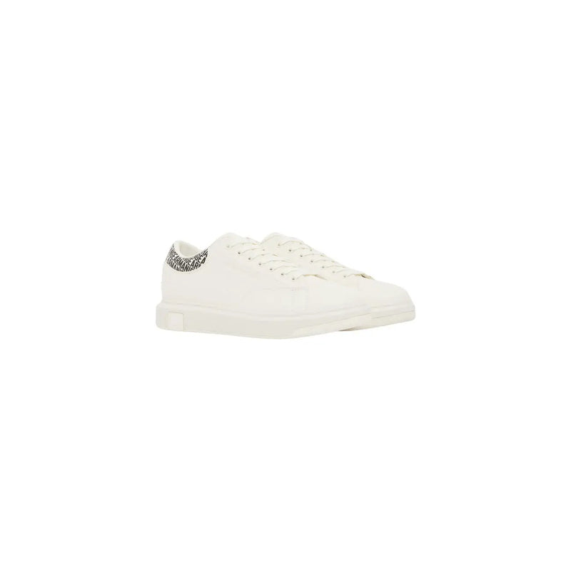 Armani Exchange men white textile low-top sneaker with subtle black and white patterned accent on heel tab back view