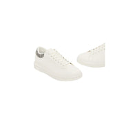 Armani Exchange men white textile low-top sneaker with textured black and white patterned heel tab visible from back