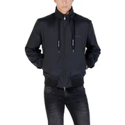 Armani Exchange men zip front black bomber jacket with drawstring hood and subtle chest branding for fall winter