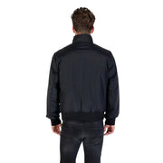 Armani Exchange men zip front black nylon bomber jacket with ribbed cuffs and waistband for fall winter wear