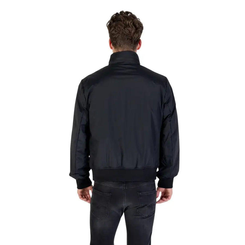 Armani Exchange men zip front black nylon bomber jacket with ribbed cuffs and waistband for fall winter wear