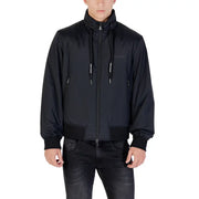 Armani Exchange men zip front black bomber jacket with drawstring hood and subtle chest logo for fall winter wear