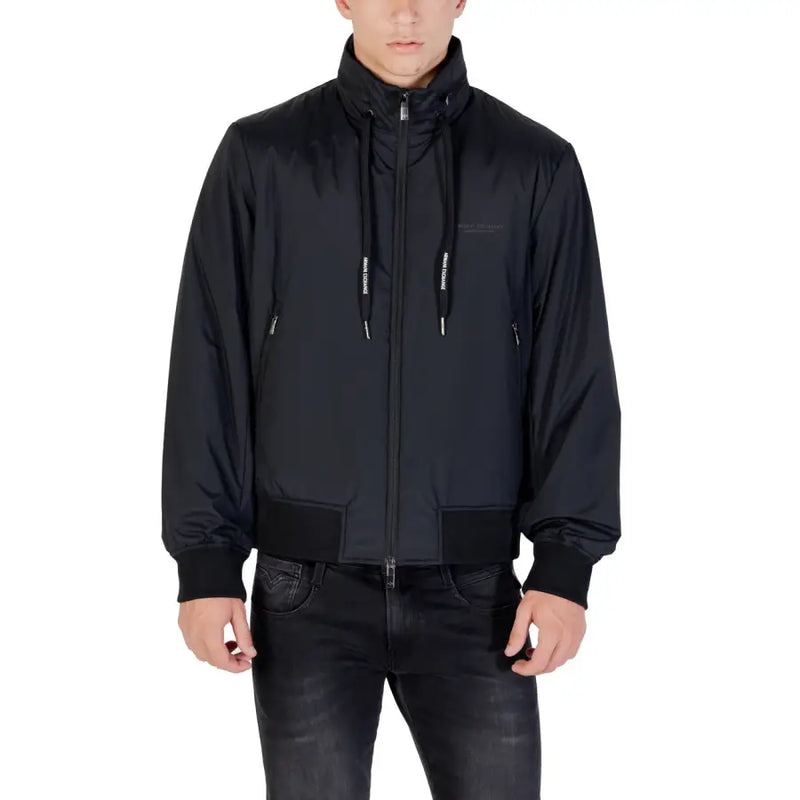 Armani Exchange men zip front black bomber jacket with drawstring hood and subtle chest logo for fall winter wear