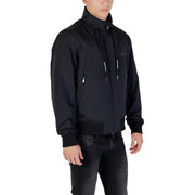 Armani Exchange men zip front black bomber jacket with high collar and white text detailing on drawstrings for fall winter
