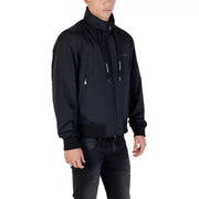 Armani Exchange men zip front black bomber jacket with high collar and white text detailing on drawstrings for fall winter