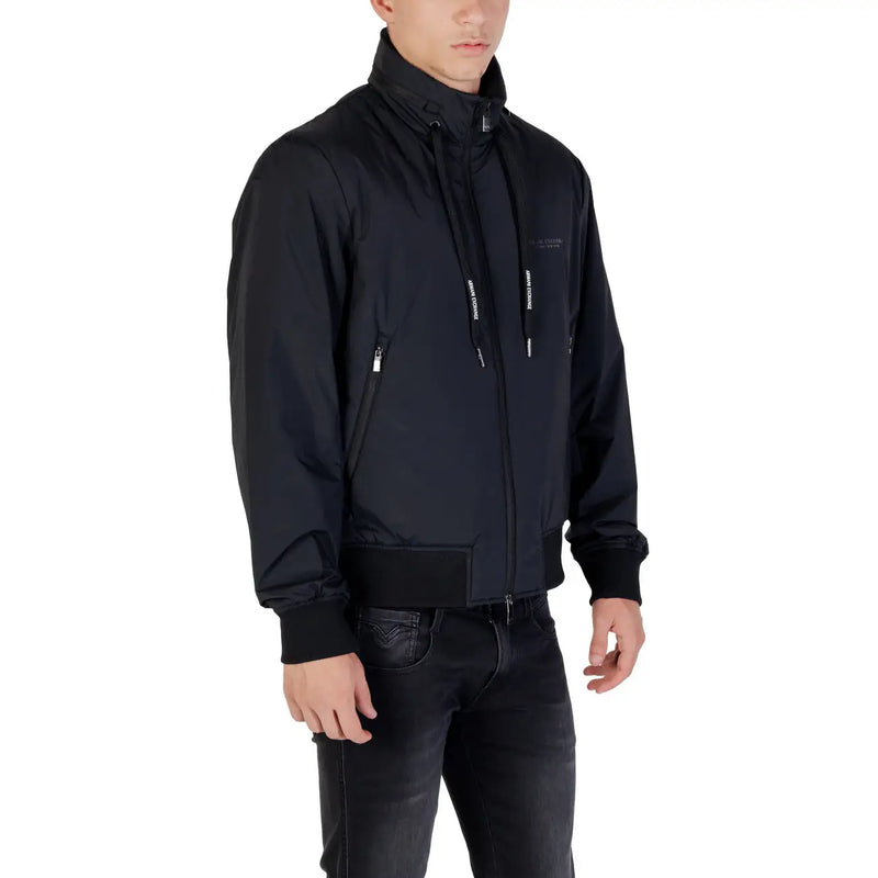 Armani Exchange men zip front black bomber jacket with high collar and white text detailing on drawstrings for fall winter
