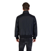 Armani Exchange men zip front black nylon bomber jacket with ribbed cuffs and waistband for fall winter wear
