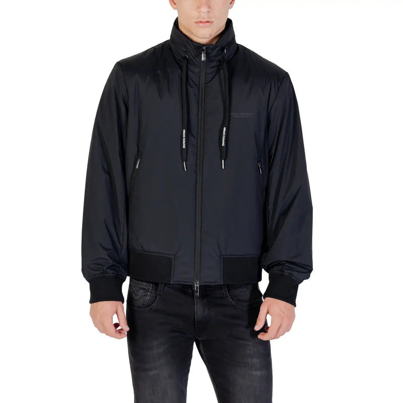 Armani Exchange men zip front black bomber jacket with drawstring hood and subtle chest logo for fall winter wear