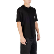 Armani Exchange men’s black cotton t-shirt with short sleeves and a small white logo on the left chest pocket