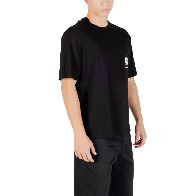 Armani Exchange men’s black cotton t-shirt with short sleeves and a small white logo on the left chest pocket