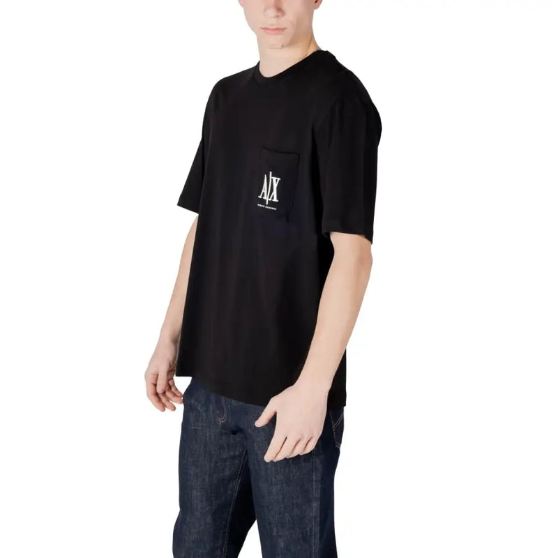 Armani Exchange men’s black cotton t-shirt with a white logo on the chest pocket