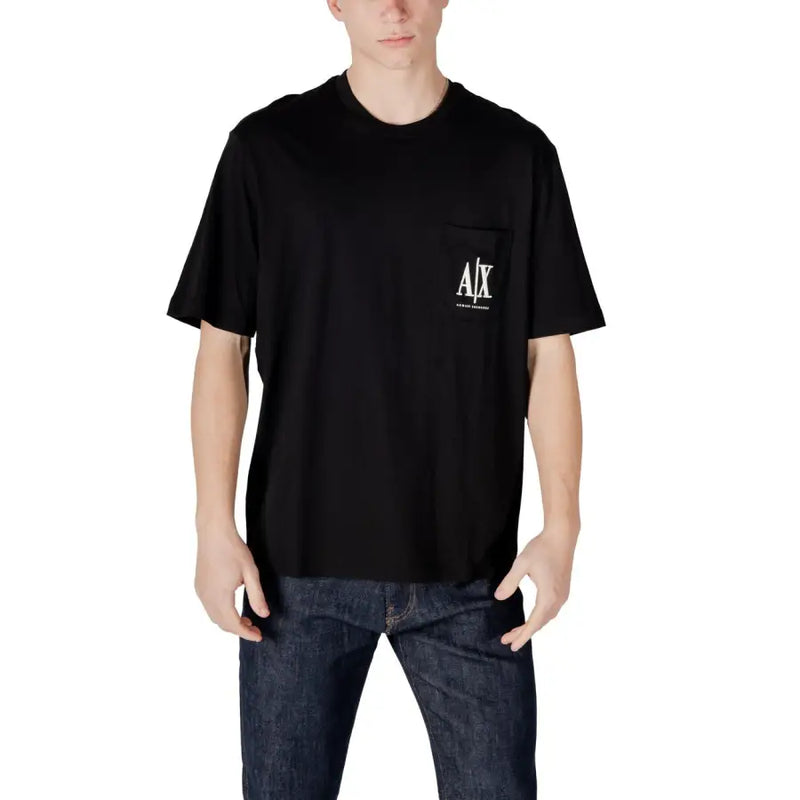 Armani Exchange men’s black cotton t-shirt with short sleeves and white logo on the left chest pocket