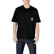 Armani Exchange men’s black cotton t-shirt with short sleeves and white logo on the left chest pocket