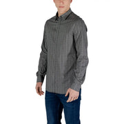 Armani Exchange mens black long sleeve cotton shirt with subtle dark gray geometric pattern and button-up design
