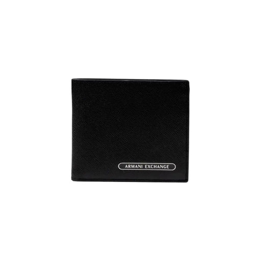 Black textured bifold wallet with silver-outlined Armani Exchange logo for men