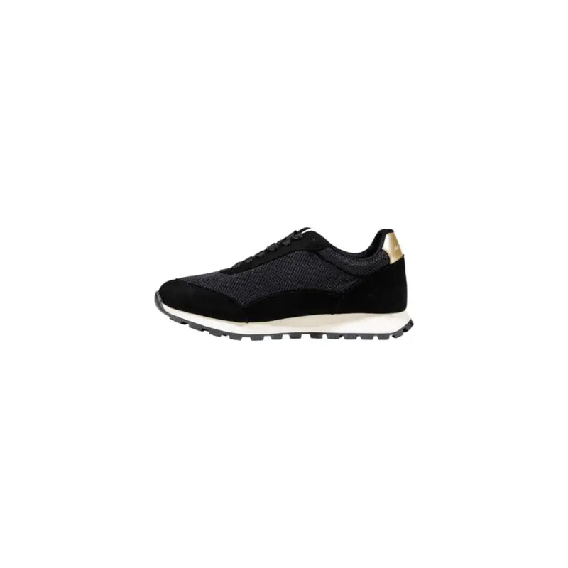 Armani Exchange men’s black running sneakers with textured mesh upper suede accents and gold branding at the back view