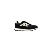 Armani exchange men’s black running sneakers with gold and white logo mesh and suede upper for fall use