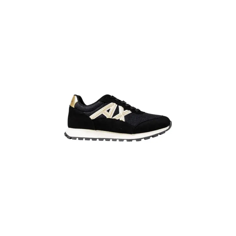Armani exchange men’s black running sneakers with gold and white logo mesh and suede upper for fall use