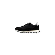 Armani Exchange men’s black running sneaker in suede and mesh with white rubber sole and heel tab back view