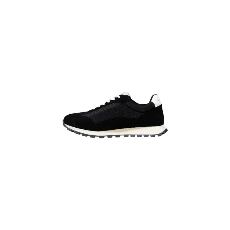 Armani Exchange men’s black running sneaker in suede and mesh with white rubber sole and heel tab back view