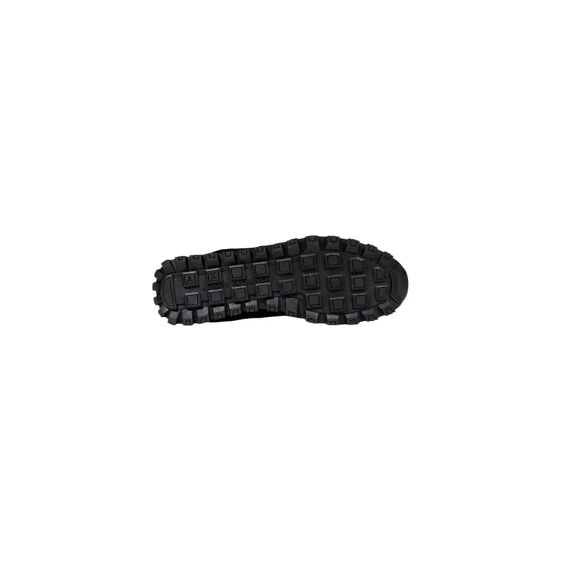 Black rubber sole with rugged textured tread pattern of armani exchange men’s black running sneakers