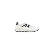Armani Exchange men’s black running sneakers with white athletic upper, black logo, and rubber sole