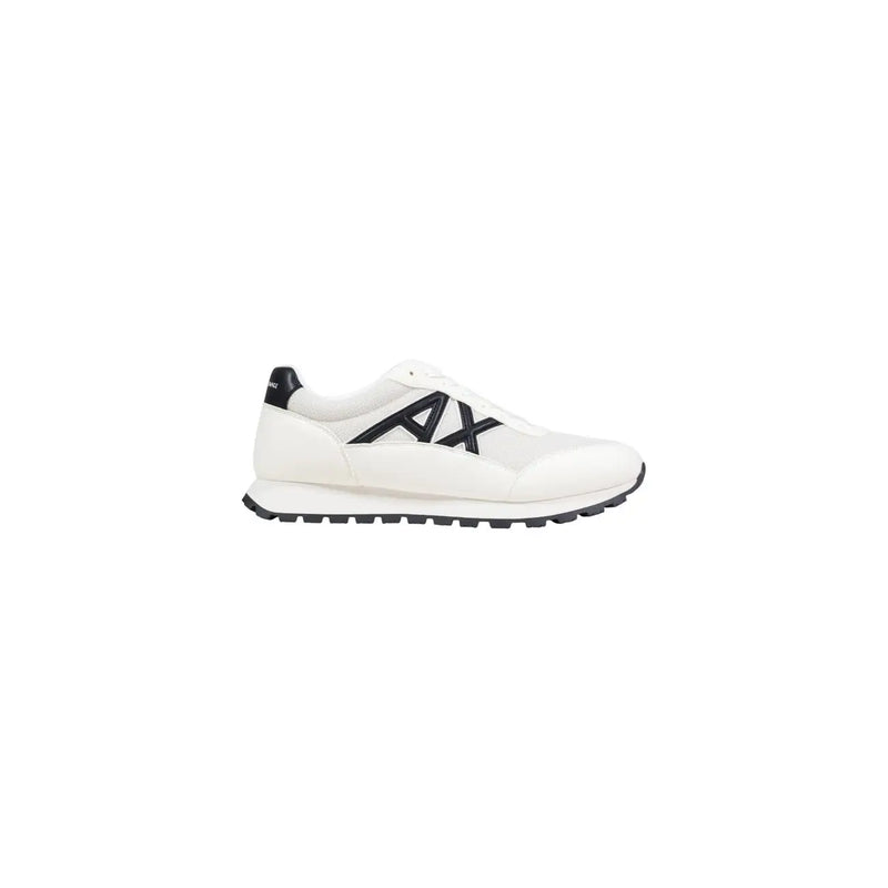 Armani Exchange men’s black running sneakers with white athletic upper, black logo, and rubber sole