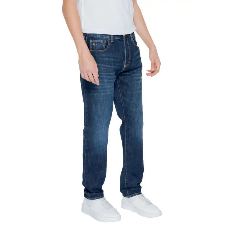 Armani Exchange men’s dark blue denim jeans with classic straight-leg cut subtle fading 100 percent cotton