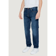 Armani Exchange men’s blue jeans in dark blue denim with classic straight-leg cut and 100% cotton material
