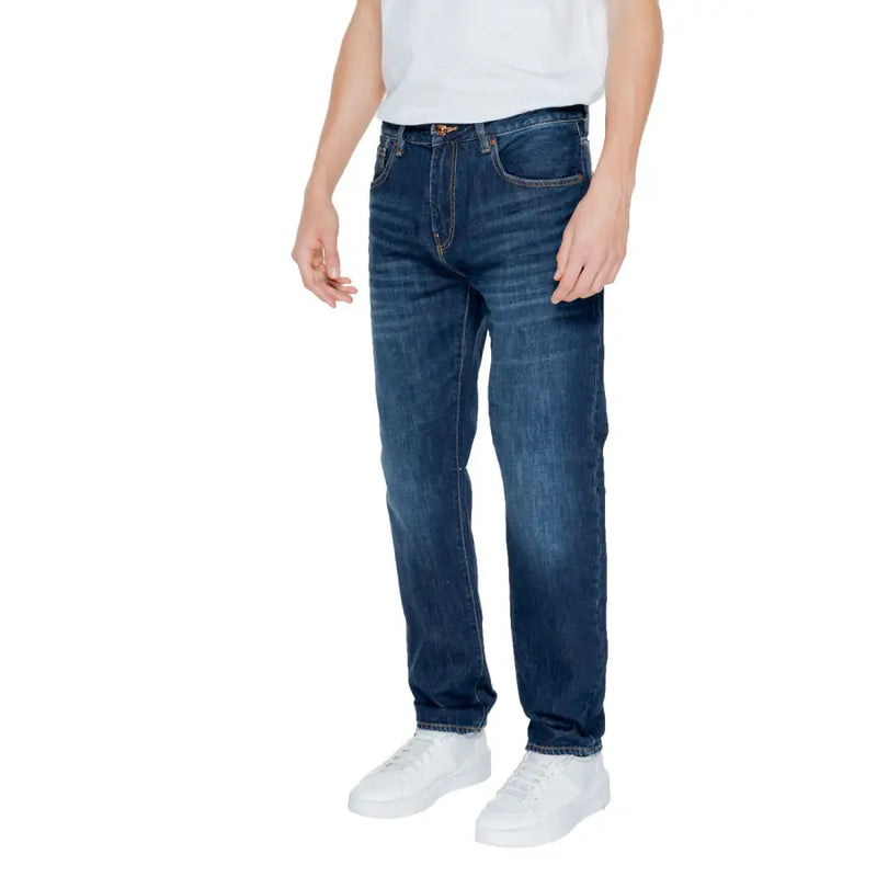 Armani Exchange men’s dark-wash blue jeans with classic five-pocket design and subtle fading 100 percent cotton