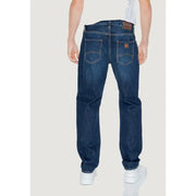 Back side of armani exchange men’s dark blue denim jeans with classic straight-leg cut and brown leather patches