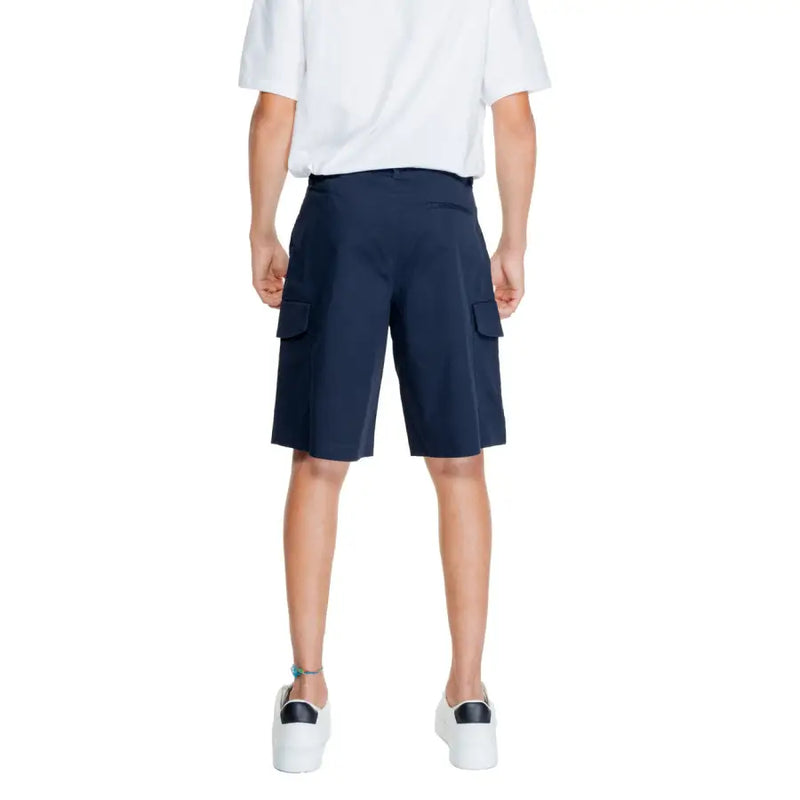Armani Exchange men’s navy blue cargo shorts with large side pockets and clean tailored fit for casual wear