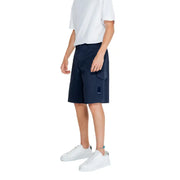 Armani Exchange men’s navy blue cargo shorts with pockets and a subtle brand patch on the side pocket