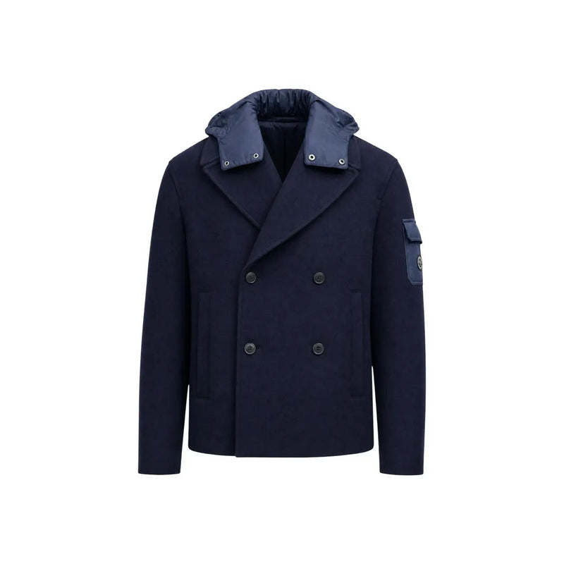 Armani Exchange Blazer en laine bleue pour homme, style caban croisé, capuche matelassée et poche plaquée sur la manche gauche.
