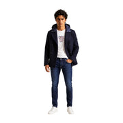 Armani Exchange Manteau croisé en laine bleu marine pour homme, avec capuche bleu marine foncé contrastante et boutons argentés