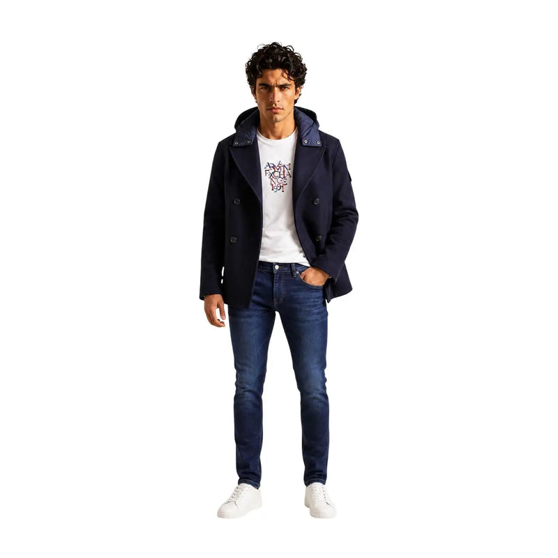 Armani Exchange Manteau croisé en laine bleu marine pour homme, avec capuche bleu marine foncé contrastante et boutons argentés