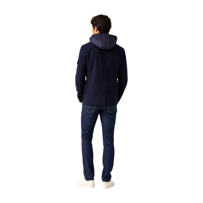 Armani exchange Blazer en laine bleue pour homme, doté d'une veste à capuche bleu marine, d'un tissu légèrement texturé et d'un style moderne.