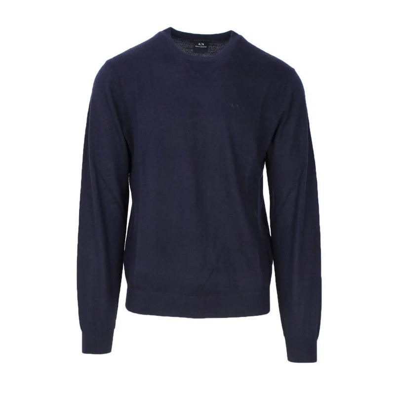 Armani Exchange men’s navy blue wool-blend crewneck sweater with subtle texture and small left chest logo