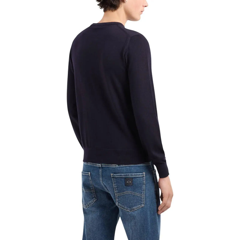 Armani Exchange men’s navy blue wool-blend long-sleeved crew neck sweater for stylish cold weather wear
