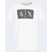 Armani Exchange men’s white 100 percent cotton t-shirt with bold black geometric logo and white lettering across chest