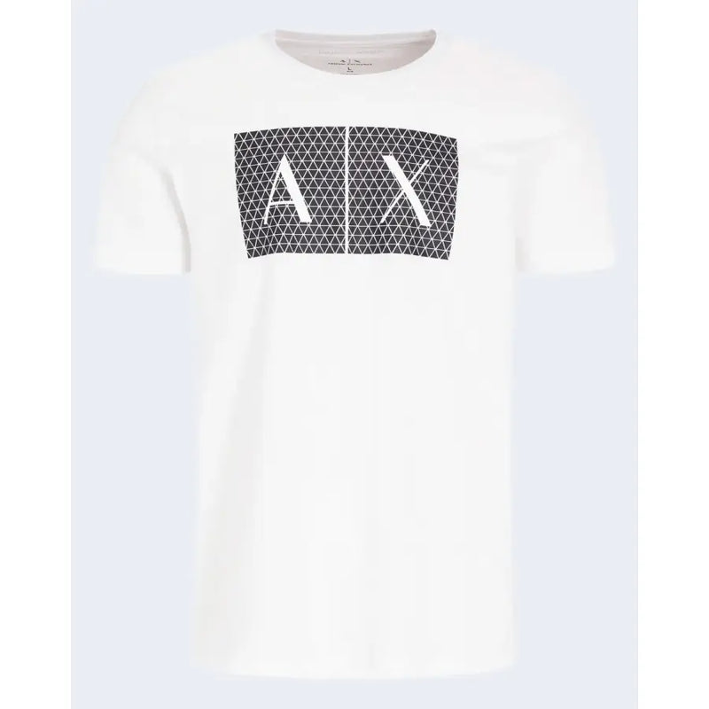 Armani Exchange men’s white 100 percent cotton t-shirt with bold black geometric logo and white lettering across chest