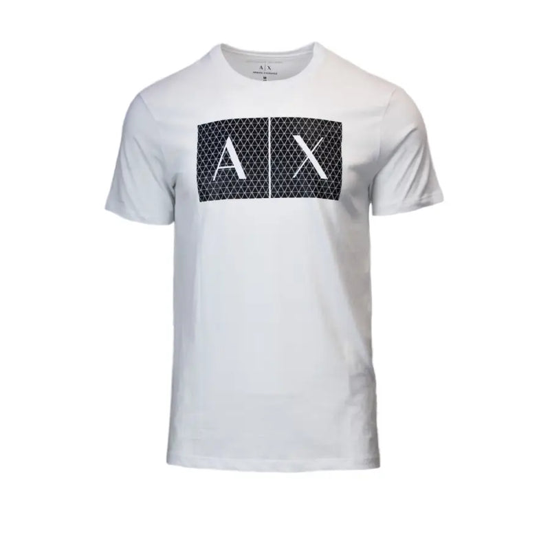 Armani Exchange men’s white cotton t-shirt with bold black rectangular logo featuring white a x lettering and grid pattern