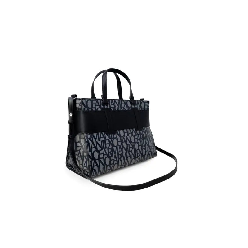 Armani Exchange patterned tote bag in black and gray with bold logo print and black leather handles and strap